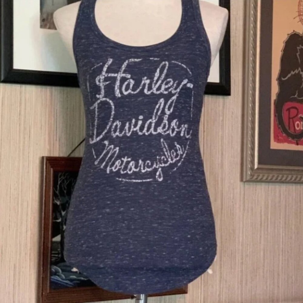 Harley-Davidson Motorcycles blue & white ribbed tank top